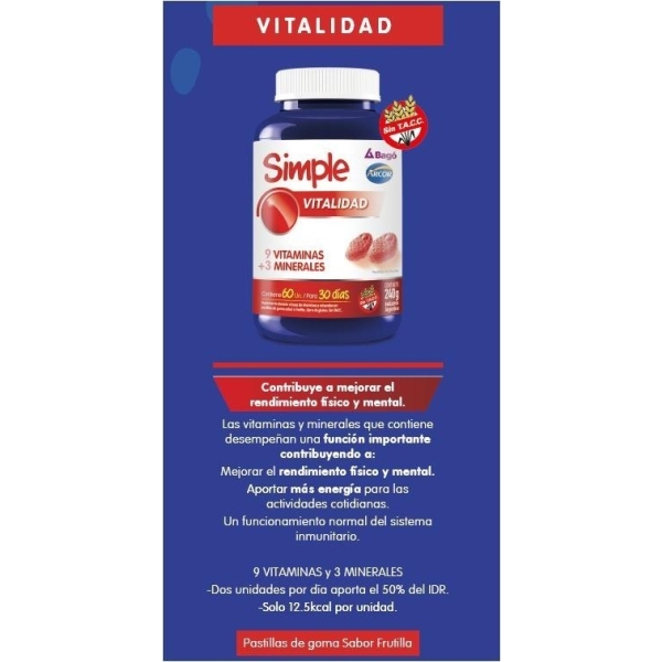 Simple Vitalidad Frasco 60 Unidades Sabor Frutilla - Imagen 3