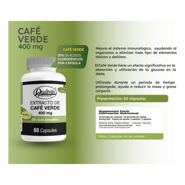 Café Verde 400 Mg X 60 Cápsulas Qualivits(R) Adelgazante Sabor Sin Sabor - Imagen 3