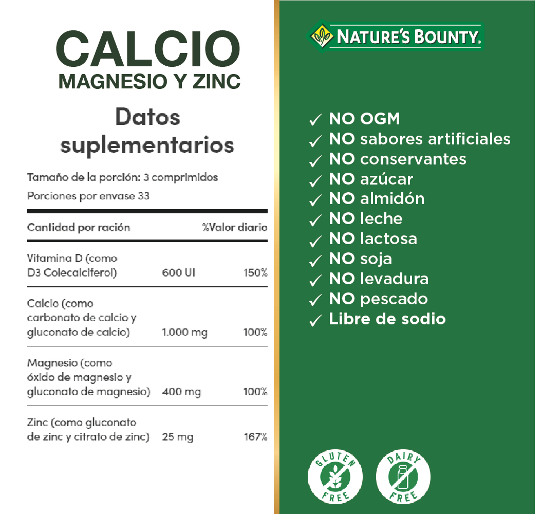 Suplemento En Comprimidos Nature's Bounty Calcium Magnesium Zinc & Vit. D3 En Pote 100 Un Sin Sabor - Imagen 9