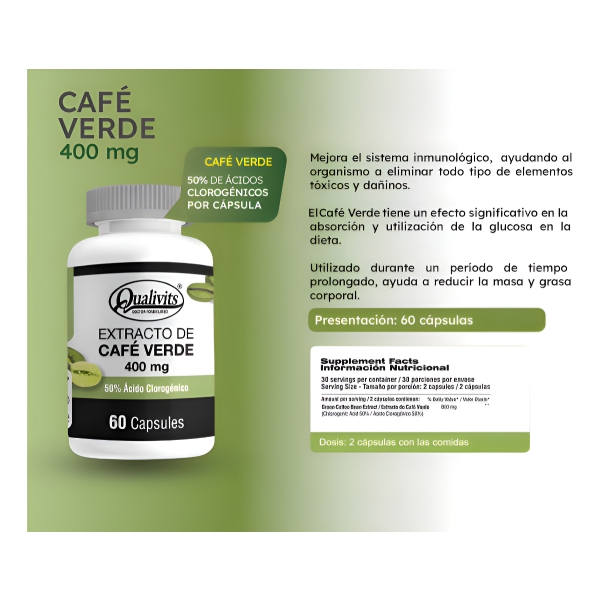 Café Verde 400 Mg X 60 Cápsulas Qualivits(R) Adelgazante Sabor Sin Sabor - Imagen 3