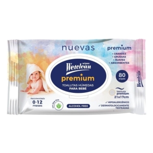 Toallitas Húmedas Wetclean Bebé Premium 80 Unidades Hipoalergénicas