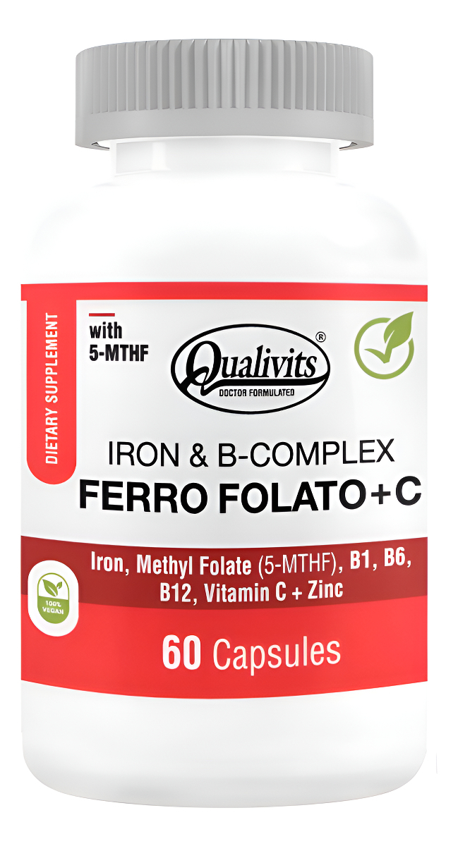 Hierro + Complejo B Vitamina C 60 Tabletas Qualivits Vegano Sabor Natural