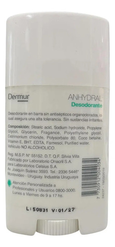 Desodorante En Barra Dermur Anhydral 50 G - Imagen 3