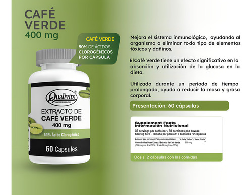 Café Verde 400 Mg X 60 Cápsulas Qualivits(R) Adelgazante Sabor Sin Sabor - Imagen 3