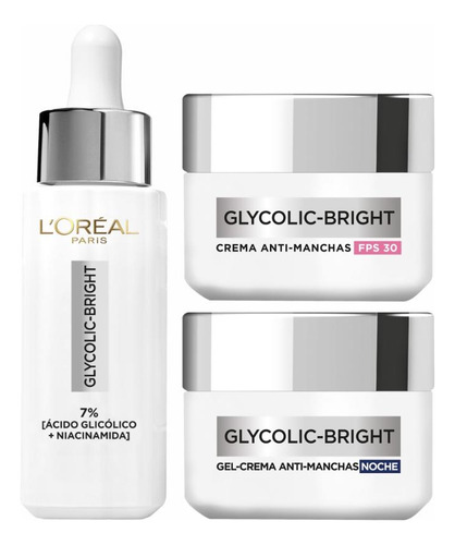 Loreal Glycolic Bright: Crema Día Fps30 ,crema Noche Y Sérum
