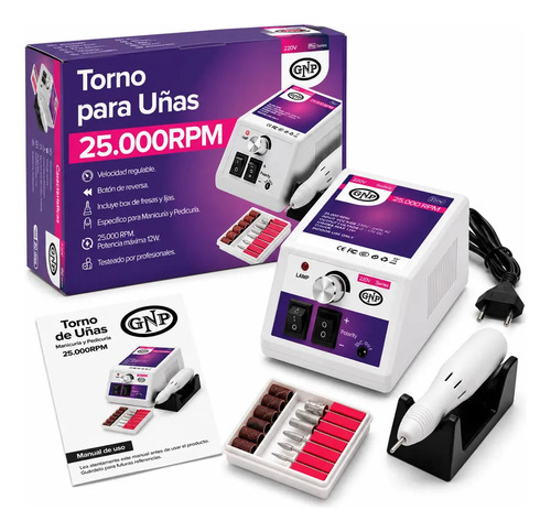 Torno Para Uñas Profesional GNP 25000 RPM. Color Blanco. Manicuría Pedicuría Control De Velocidad Reversa Incluye Fresas Lijas Porta Lápiz 220V Garantía Oficial