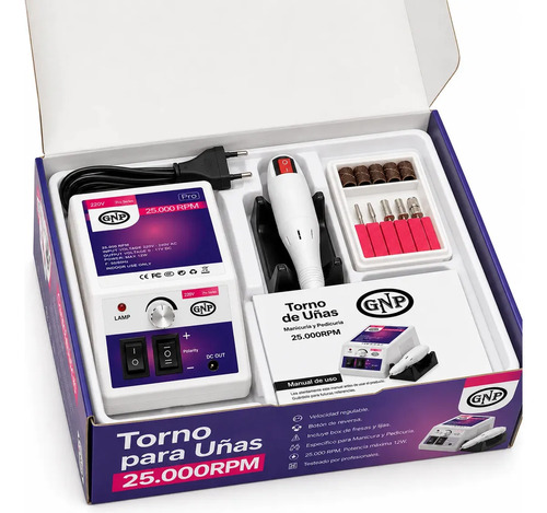 Torno Para Uñas Profesional GNP 25000 RPM. Color Blanco. Manicuría Pedicuría Control De Velocidad Reversa Incluye Fresas Lijas Porta Lápiz 220V Garantía Oficial - Imagen 3