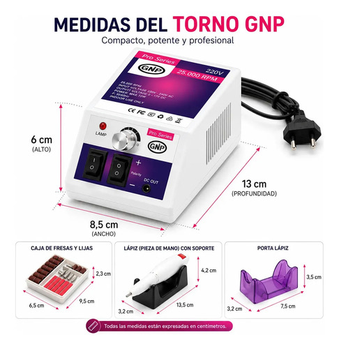 Torno Para Uñas Profesional GNP 25000 RPM. Color Blanco. Manicuría Pedicuría Control De Velocidad Reversa Incluye Fresas Lijas Porta Lápiz 220V Garantía Oficial - Imagen 5