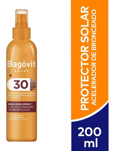 Bagovit Acelerador De Bronceado Solar Fps 30 Spray X 200 Ml