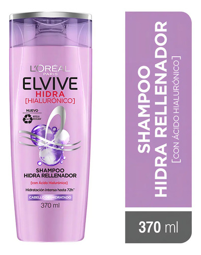 Shampoo L'oréal Paris Elvive Hidra Hialurónico, Efecto Hidratante Rellenador 72h X370ml - Imagen 2